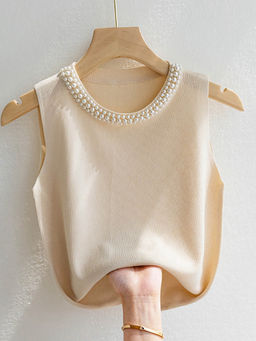 Outzidr - Cream Pearl Studded Tank Top