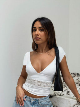Outzidr - White Plunge Neck Lace Solid Top
