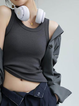 Outzidr - Charcoal Solid Ribbed Tank Top