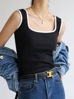 Outzidr - Black Solid Contrast Trim Tank Top