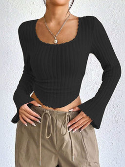 Outzidr - Black Solid Bell Sleeve U-Hem Top