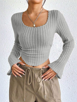 Outzidr - Grey Solid Bell Sleeve U-Hem Top