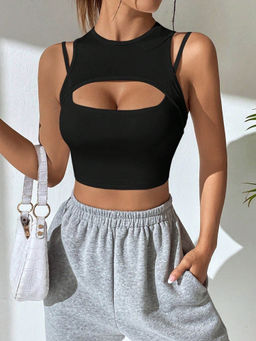 Outzidr - Black Solid Sleeveless Front Detail Crop Top