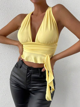 Outzidr - Yellow Solid Halter Tie Up Top
