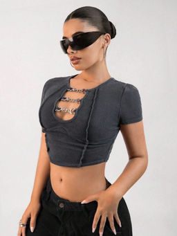 Outzidr - Grey Short Sleeve Metal Trim Top
