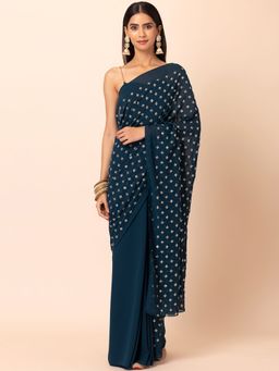 Indya - Teal Embroidered Georgette Saree with Unstitched Blouse