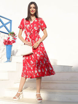 Sera - Red Floral Midi Dress
