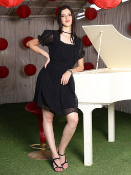 Sera - Black Self Design Mini Dress