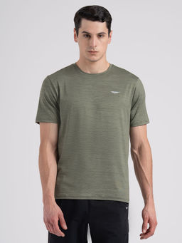 Red Tape - Mens Olive Melange Solid Polyester Spandex Activewear Round Neck T-shirt