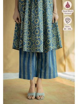 The Indian Ethnic Co. - Indigo Straight Ajrakh Hand Block Printed Cotton Palazzo