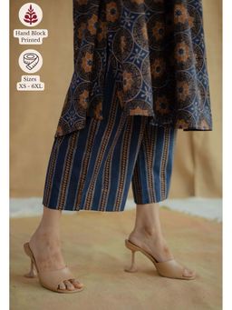 The Indian Ethnic Co. - Navy Blue Straight Ajrakh Hand Block Printed Cotton Pant