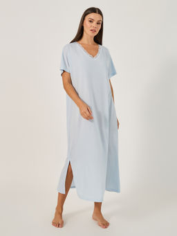 Styli - Women Blue Solid Lace-Trim Short Sleeve Side Slit Nightie