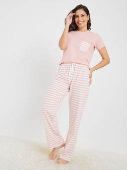 Styli - Women Striped Pocket T-Shirt And Pyjama
