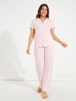 Styli - Women Pink Solid Mid-Rise Shirt Relaxed Fit Pyjama