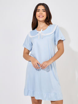 Styli Elevate - Women Blue Lace Trim Bow Detail Collared Nightdress