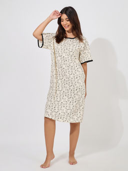 Styli - Women Beige Bunny Print Contrast Trim Nightdress