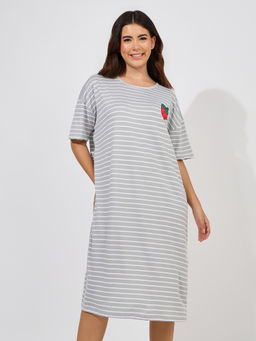 Styli Elevate - Women Blue Striped Strawberry Patch Print Short Sleeve T-Shirt Nightdress
