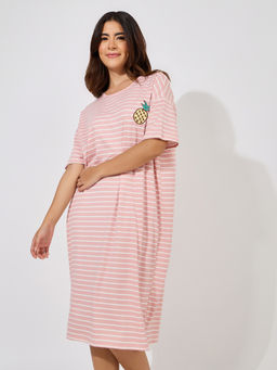 Styli Elevate - Women Pineapple Patch Detail Striped Sleep T-Shirt Nightdress