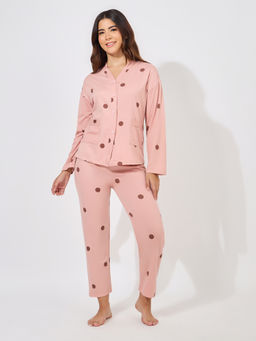 Styli - Women Pink Polka Dot Print Long Sleeve Shirt And Pyjama