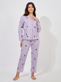 Styli - Women Purple Polka Dot Print Long Sleeve Shirt And Pyjama