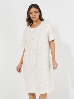 Styli - Women Beige Ditsy Print Lace Insert Nightdress