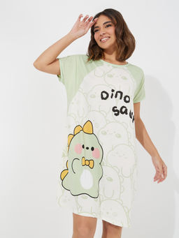 Styli Elevate - Women Dinosaur Print Raglan Sleeves Sleep T-Shirt Nightdress