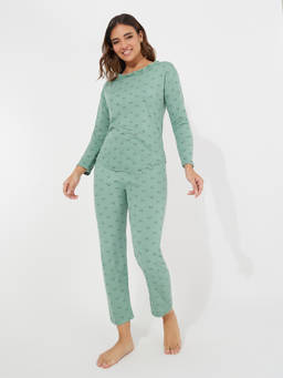 Styli - Women Green Smile Face Print Long Sleeve Top And Pyjama