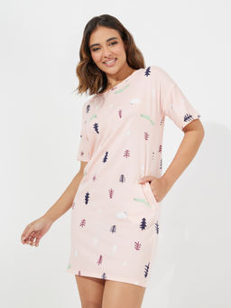 Styli Elevate - Women Pink Graphic Printed Short Sleeves Knee Length Nightdress