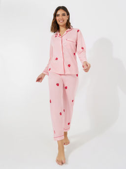 Styli - Women Pink Strawberry Print Long Sleeve Shirt And Pyjama