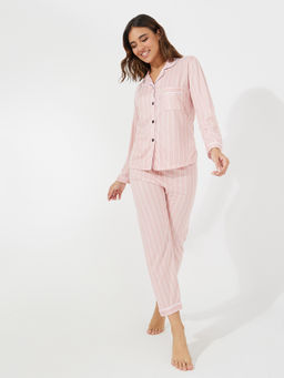 Styli - Women Pink Striped Long Sleeve Pocket Detail Shirt And Pyjama