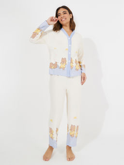 Styli - Women Bear Print Button Placket Shirt And Pyjama