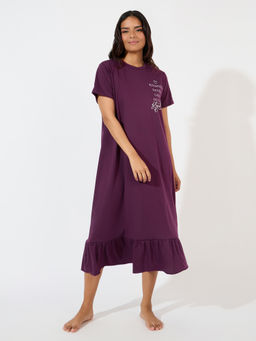 Styli - Women Purple Kindness Slogan Ruffle Hem Sleep T-Shirt Nightdress
