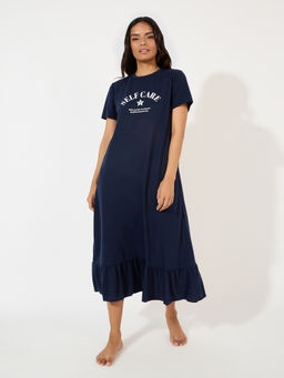 Styli - Women Navy Blue Self Care Slogan Print Ruffle Hem Sleep T-Shirt Nightdress