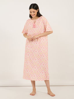 Styli - Women Aztec Print Drop Shoulder Tassel Tie-Neck Midi Nightdress