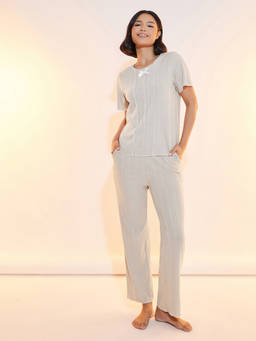 Styli - Women Textured Round Neck T-Shirt And Pyjama