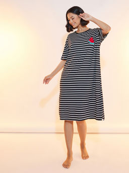 Styli Elevate - Women Striped Graphic Printed Short Sleeve T-Shirt Nightdress