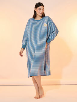 Styli - Women Striped Fruit Patch Detail Long Sleeve Nightdress