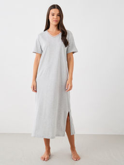 Styli - Women Solid Grey Lace Trim Side Slit Regular Fit Nightdress