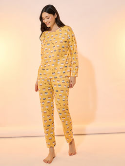 Styli Elevate - Women Yellow Cat Print Short Sleeve T-Shirt And Pyjama