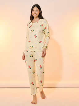 Styli Elevate - Women Yellow Carrot Print Long Sleeve T-Shirt And Pyjama