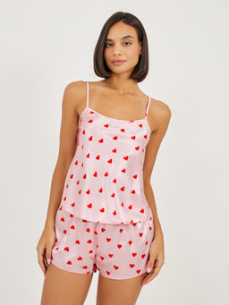 Styli Elevate - Women Pink Heart Printed Satin Cami And Shorts