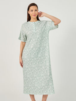 Styli - Women Green Floral Printed Drop Shoulder Midi Nightdress