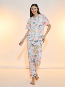 Styli Elevate - Women Pink Rabbit Print Short Sleeve T-Shirt And Pyjama
