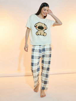 Styli Elevate - Women Puppy Printed Short Sleeve T-Shirt And Checked Pyjama