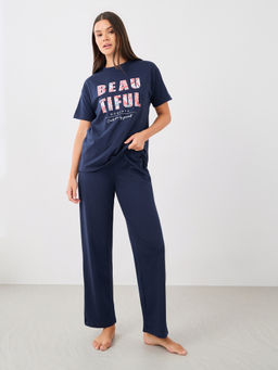 Styli - Women Navy Blue Drop Shoulder Round Neck T-Shirt And Pyjama