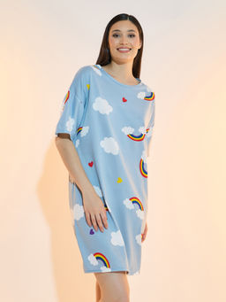 Styli Elevate - Women Blue Heart And Cloud Print Sleep T-Shirt Nightdress