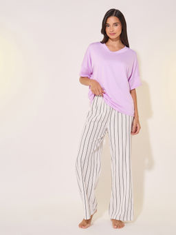 Styli - Women Purple Solid V-Neck T-Shirt And Striped Pyjama