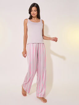 Styli - Women Solid Cami Top And Striped Pants Pyjama