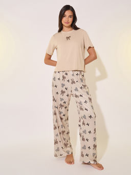 Styli - Women Brown Butterfly Printed T-Shirt And Pyjama