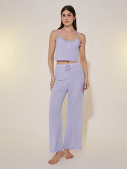 Styli - Women Purple Ribbed Cami Top And Pyjama